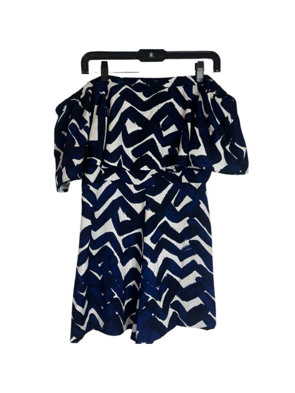 Flying Tomato Off The Shoulder Romper Sz L Abstract Blue Black Ruffled Elastic - Picture 2 of 9